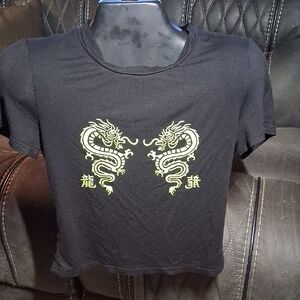 SHEIN Black Crop Top with Green Dragon Design